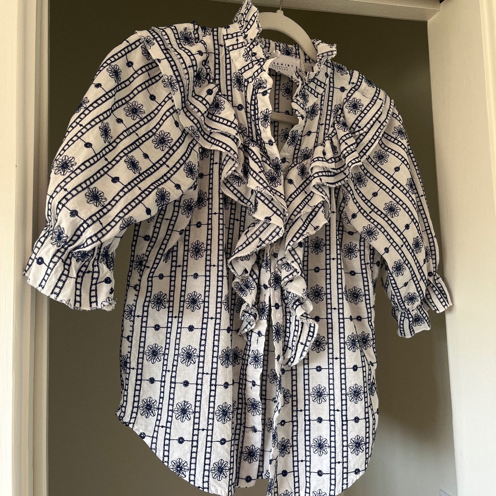 The Shirt Navy/White Eyelet Ruffled Shirt
